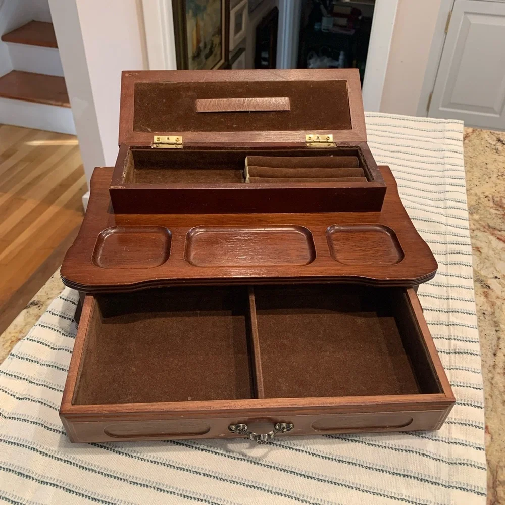 Vintage Solid Wood Leather Felt London 2-tiered Dresser Top Jewelry Box
